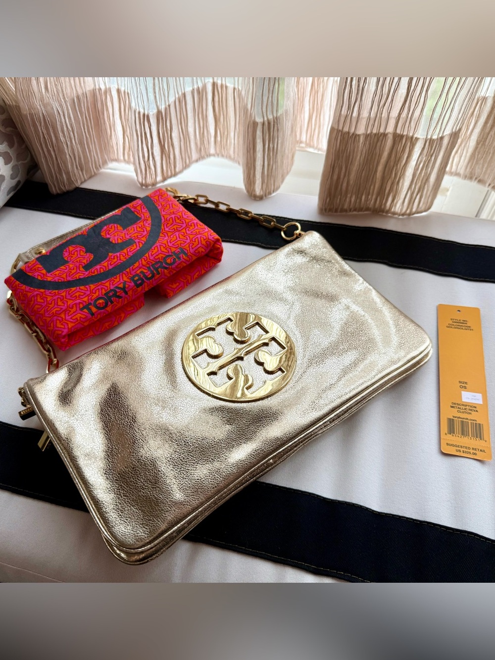 Tory Burch Reva Metallic Gold Leather Shoulder Bag / Clutch w Chain Strap - Picture 4 of 12